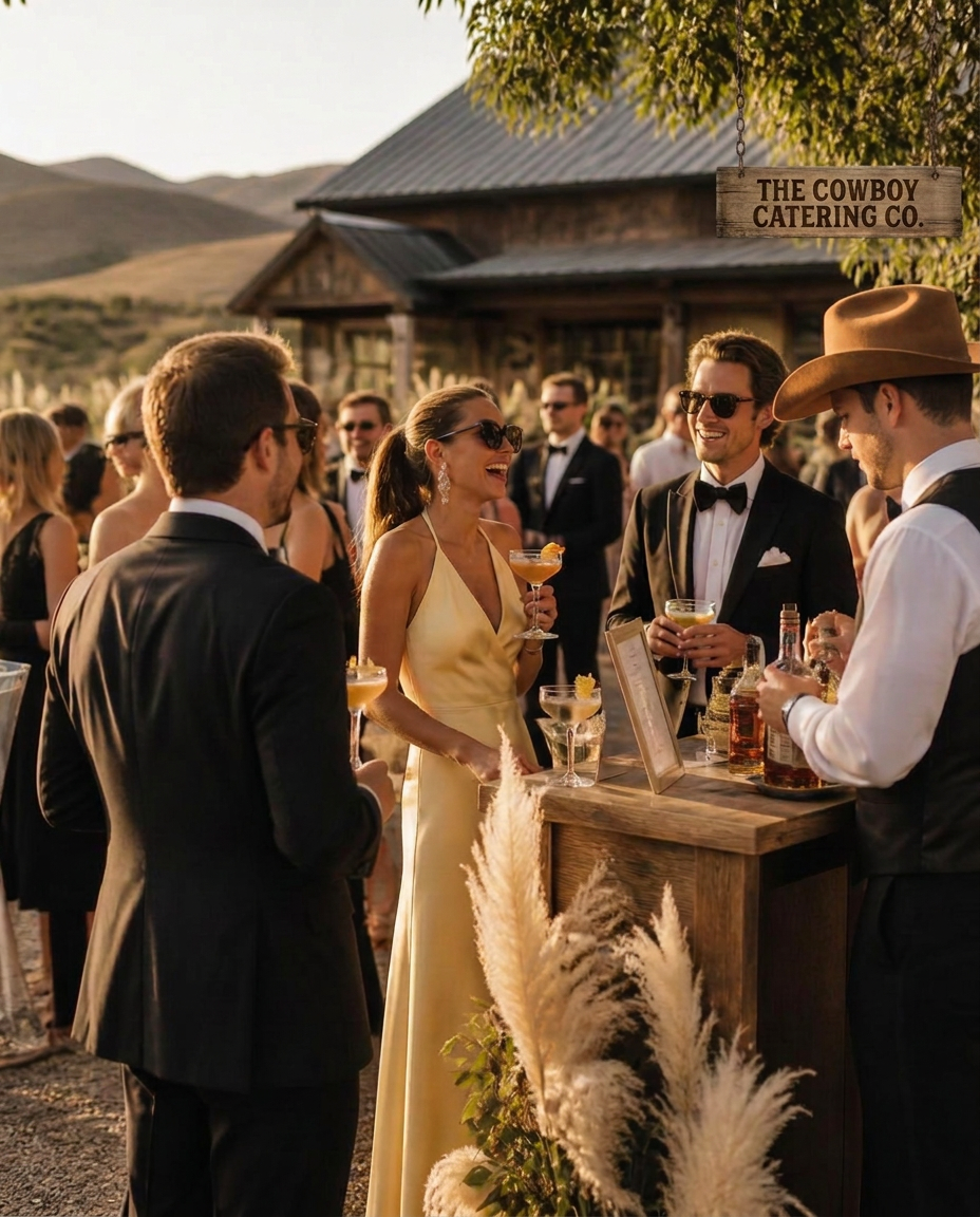 Guests in formalwear laughing over cocktails at a luxury ranch cocktail hour