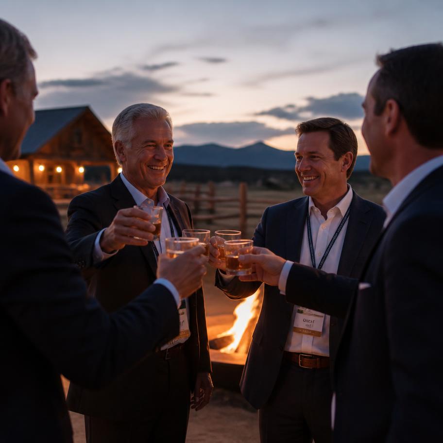 Executives toasting whiskey at a corporate ranch event