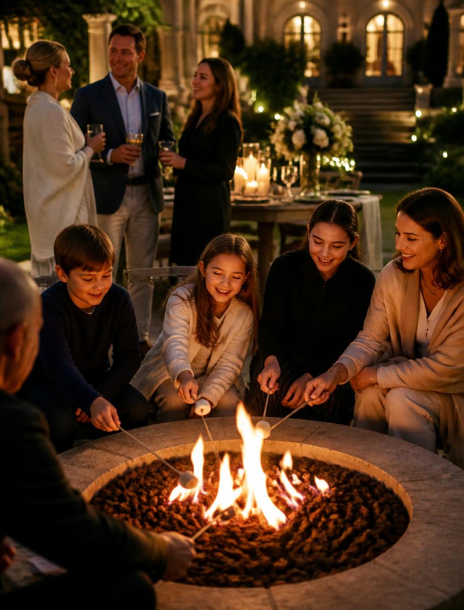 Families roasting marshmallows at a luxury firepit