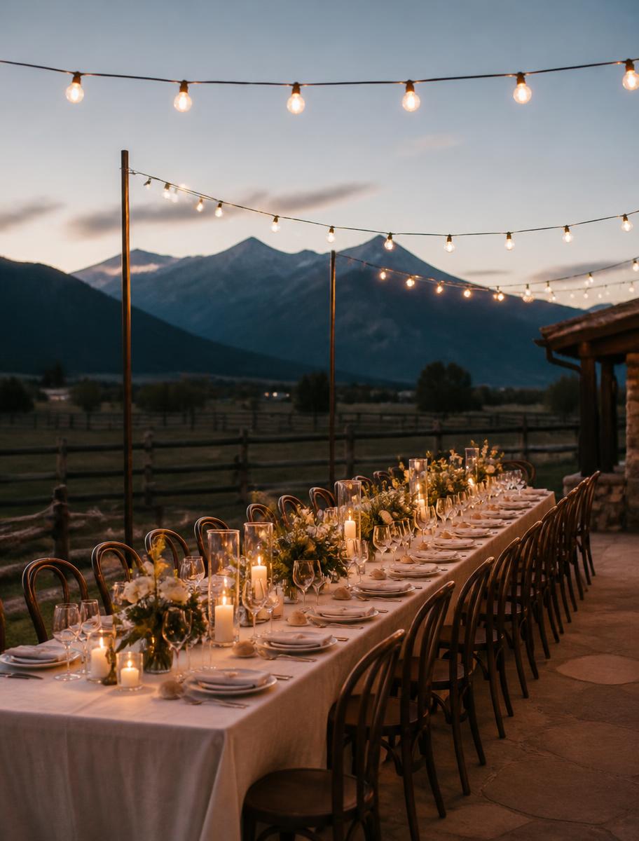 Long candlelit dinner table under string lights at a mountain ranch