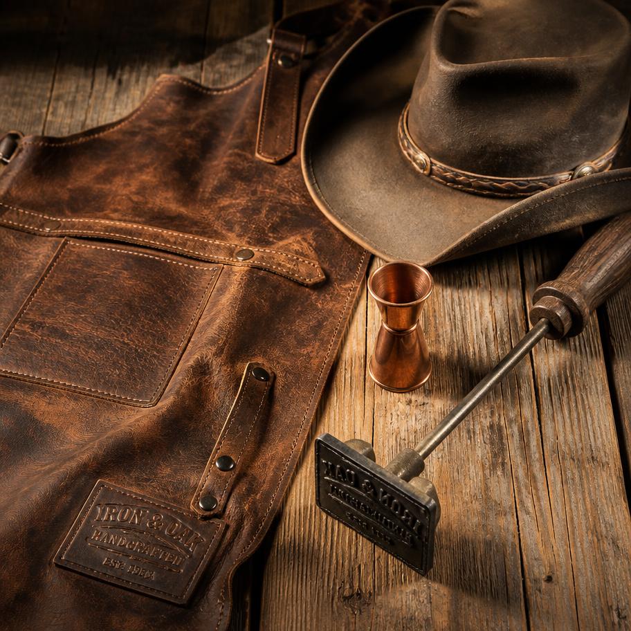 Leather apron, copper jigger and cowboy hat on aged wood