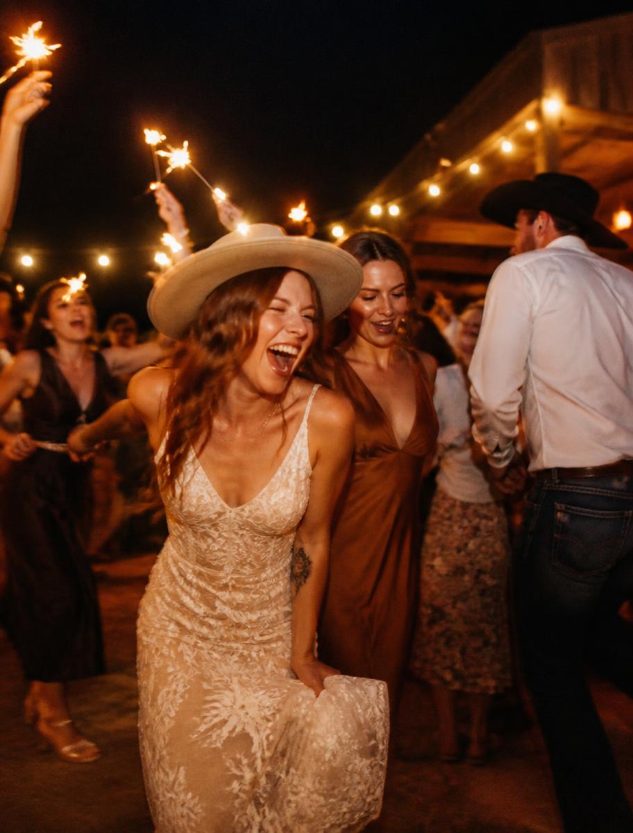 Guests dancing with sparklers at a ranch reception